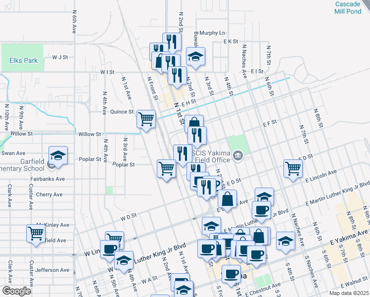 map of restaurants, bars, coffee shops, grocery stores, and more near 516 North 1st Street in Yakima