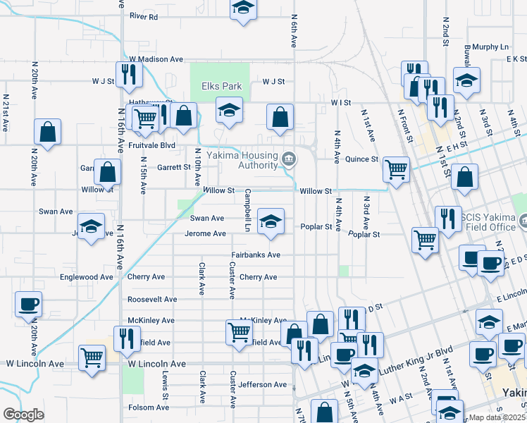 map of restaurants, bars, coffee shops, grocery stores, and more near 1118 Swan Avenue in Yakima
