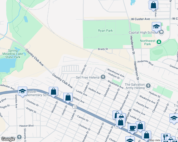 map of restaurants, bars, coffee shops, grocery stores, and more near 1829 Waukesha Ave in Helena
