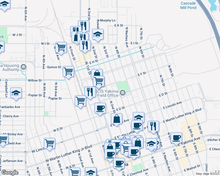 map of restaurants, bars, coffee shops, grocery stores, and more near 506 North 3rd Street in Yakima