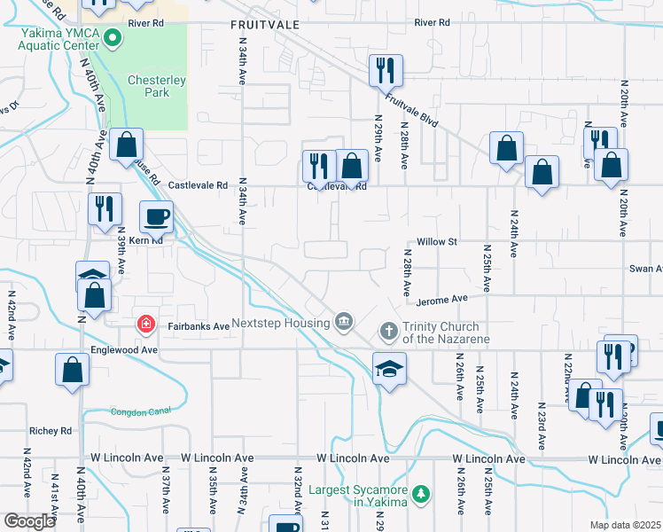 map of restaurants, bars, coffee shops, grocery stores, and more near 3109 Powerhouse Road in Yakima