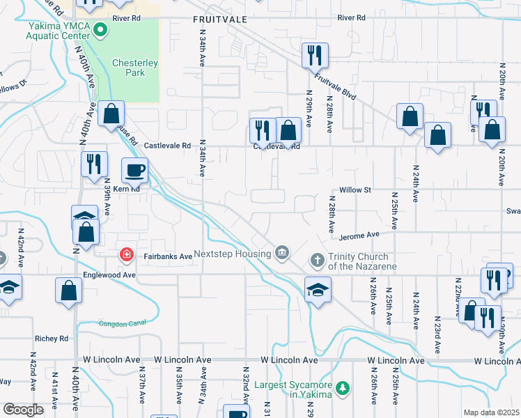 map of restaurants, bars, coffee shops, grocery stores, and more near 3109 Powerhouse Road in Yakima