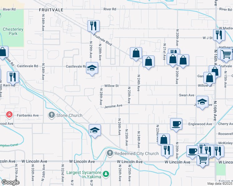 map of restaurants, bars, coffee shops, grocery stores, and more near 709 N 27th Ave in Yakima