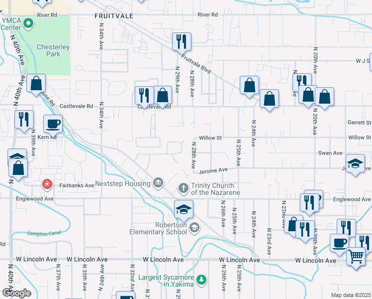 map of restaurants, bars, coffee shops, grocery stores, and more near 2806 Swan Avenue in Yakima