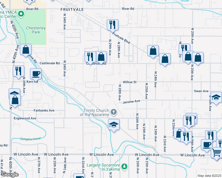 map of restaurants, bars, coffee shops, grocery stores, and more near 2806 Swan Avenue in Yakima