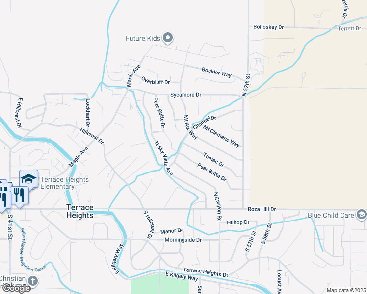 map of restaurants, bars, coffee shops, grocery stores, and more near 5203 Pear Butte Drive in Yakima