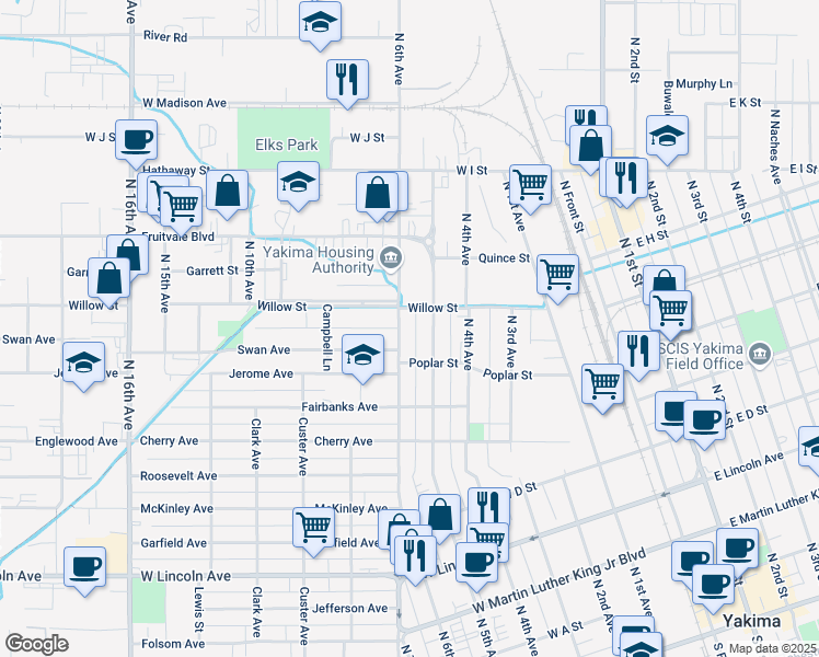 map of restaurants, bars, coffee shops, grocery stores, and more near 704 North 5th Avenue in Yakima
