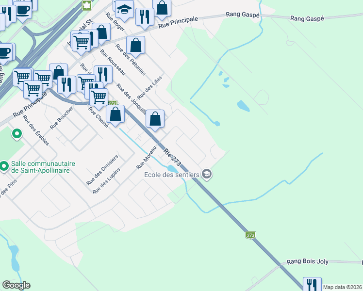 map of restaurants, bars, coffee shops, grocery stores, and more near 123 Rue des Tulipes in Saint-Apollinaire