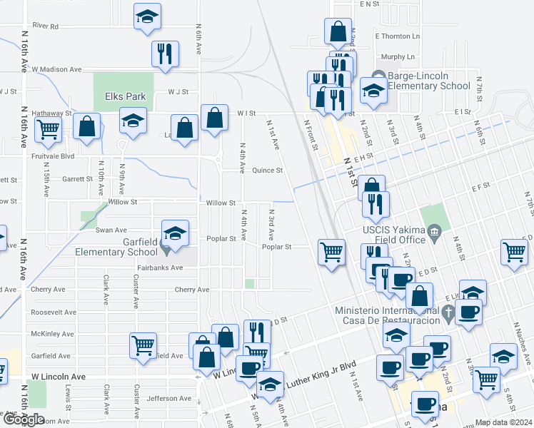 map of restaurants, bars, coffee shops, grocery stores, and more near 716 North 3rd Avenue in Yakima