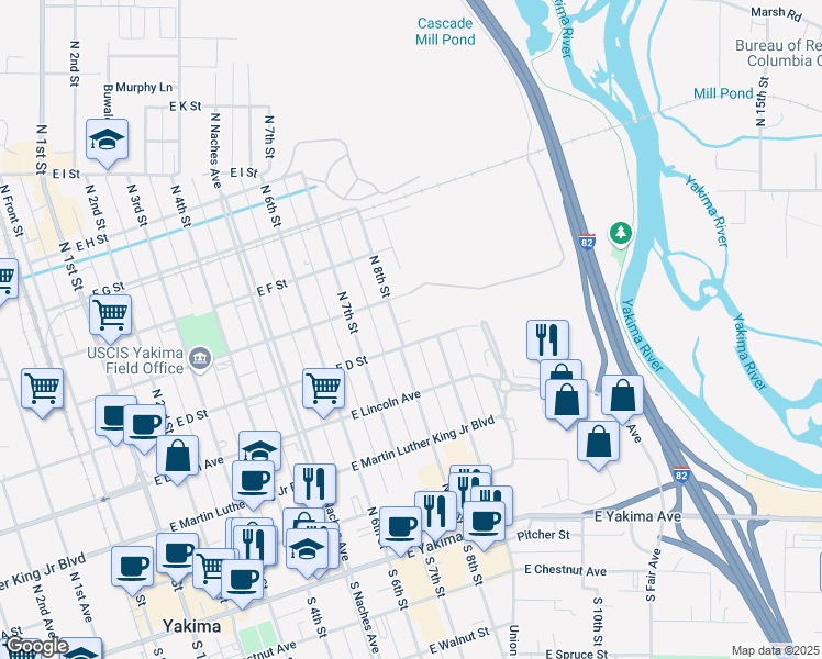map of restaurants, bars, coffee shops, grocery stores, and more near 405 North 8th Street in Yakima