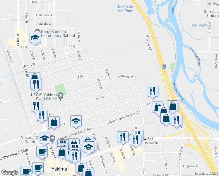 map of restaurants, bars, coffee shops, grocery stores, and more near 316 North 8th Street in Yakima