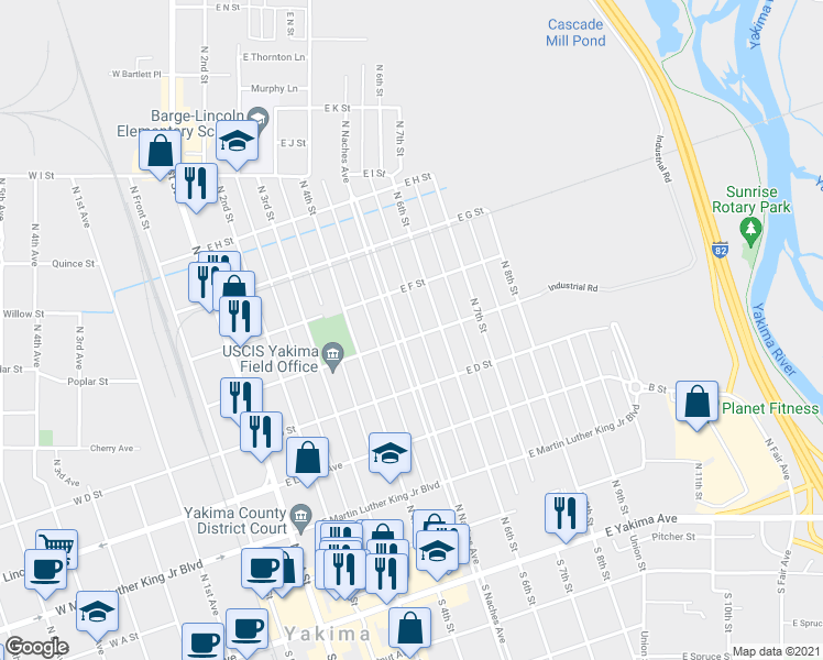 map of restaurants, bars, coffee shops, grocery stores, and more near 411 North Naches Avenue in Yakima