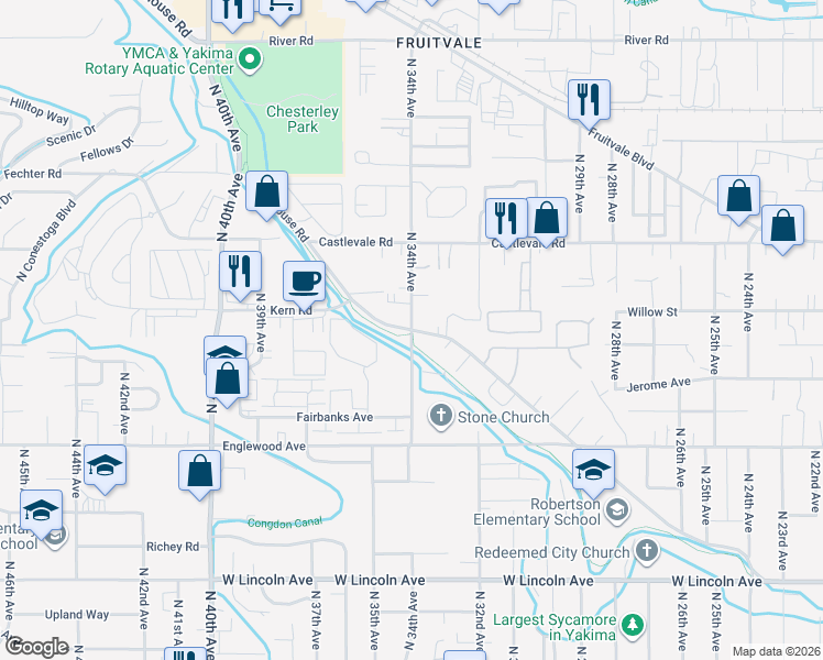 map of restaurants, bars, coffee shops, grocery stores, and more near 3400 Powerhouse Road in Yakima