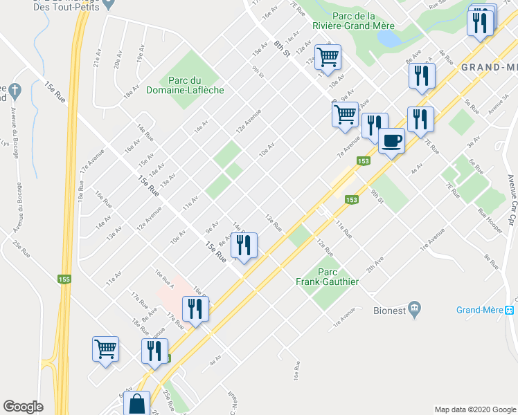 map of restaurants, bars, coffee shops, grocery stores, and more near 8e Avenue in Shawinigan