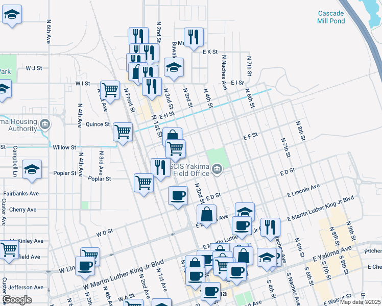 map of restaurants, bars, coffee shops, grocery stores, and more near 601 North 2nd Street in Yakima