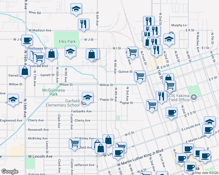 map of restaurants, bars, coffee shops, grocery stores, and more near 802 North 4th Avenue in Yakima