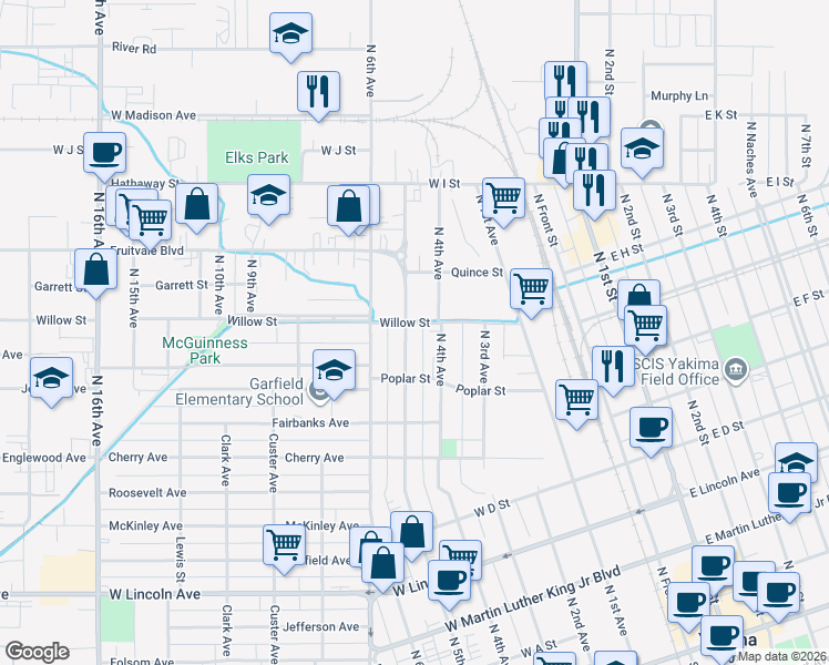 map of restaurants, bars, coffee shops, grocery stores, and more near 802 North 4th Avenue in Yakima