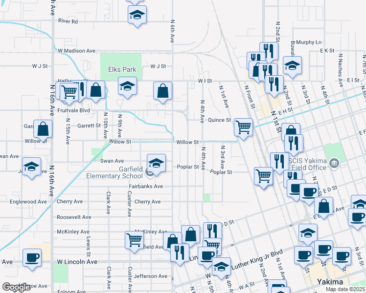 map of restaurants, bars, coffee shops, grocery stores, and more near 802 North 5th Avenue in Yakima
