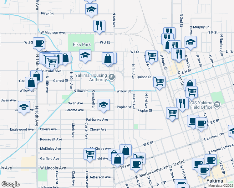 map of restaurants, bars, coffee shops, grocery stores, and more near 802 North 5th Avenue in Yakima