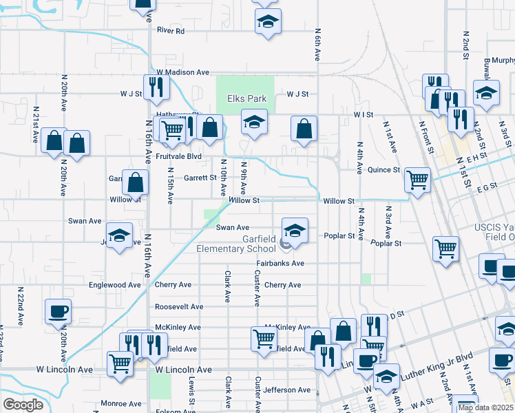 map of restaurants, bars, coffee shops, grocery stores, and more near 1208 Willow Street in Yakima