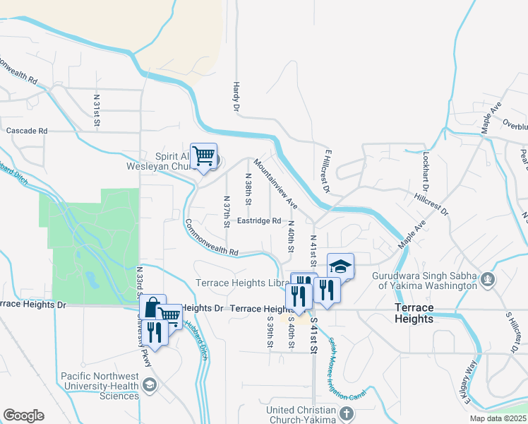 map of restaurants, bars, coffee shops, grocery stores, and more near 511-601 North 39th Street in Yakima