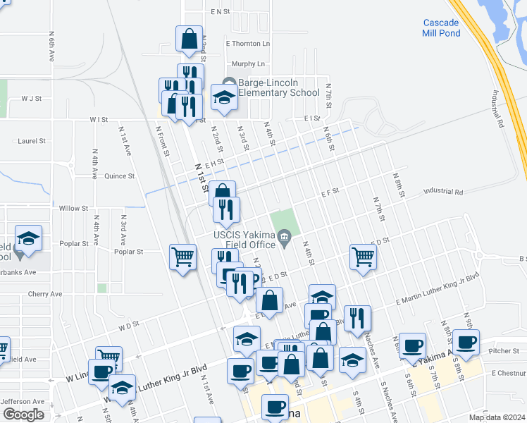map of restaurants, bars, coffee shops, grocery stores, and more near 610 North 3rd Street in Yakima