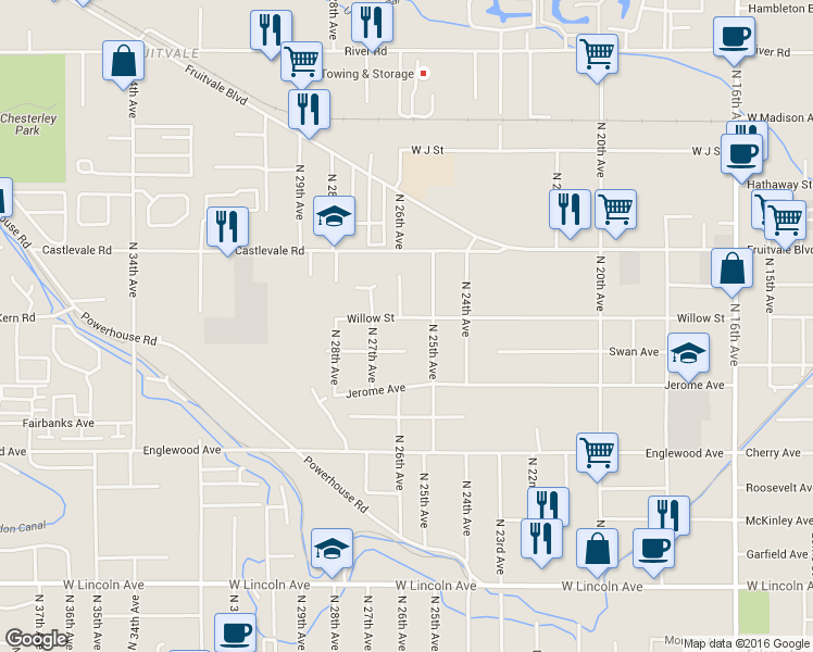 map of restaurants, bars, coffee shops, grocery stores, and more near 2507 Willow Street in Yakima