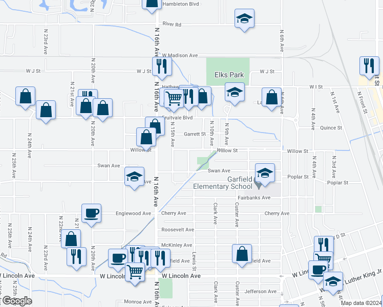 map of restaurants, bars, coffee shops, grocery stores, and more near 731 North 14th Avenue in Yakima