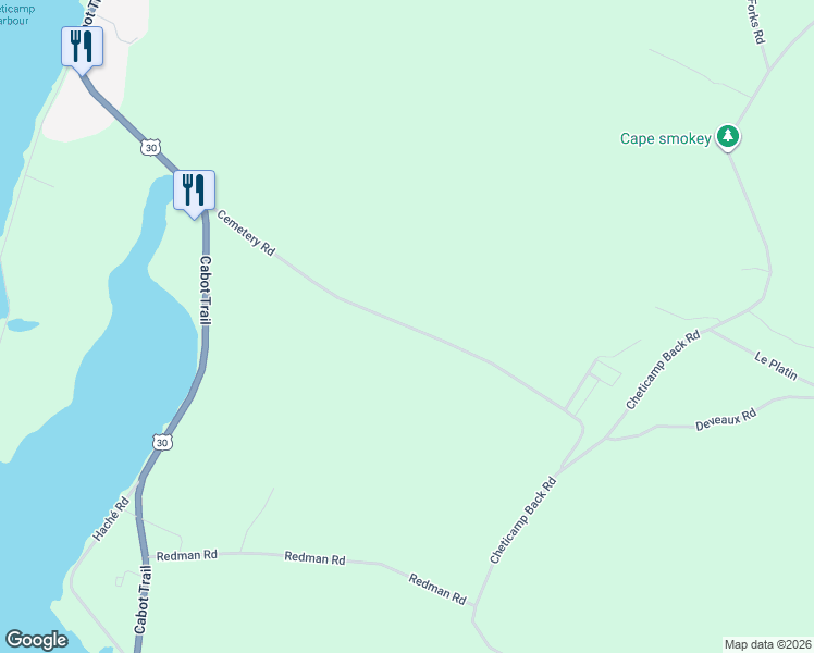 map of restaurants, bars, coffee shops, grocery stores, and more near Plateau Road in Chéticamp