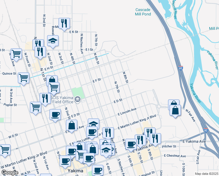 map of restaurants, bars, coffee shops, grocery stores, and more near 501 North 6th Street in Yakima