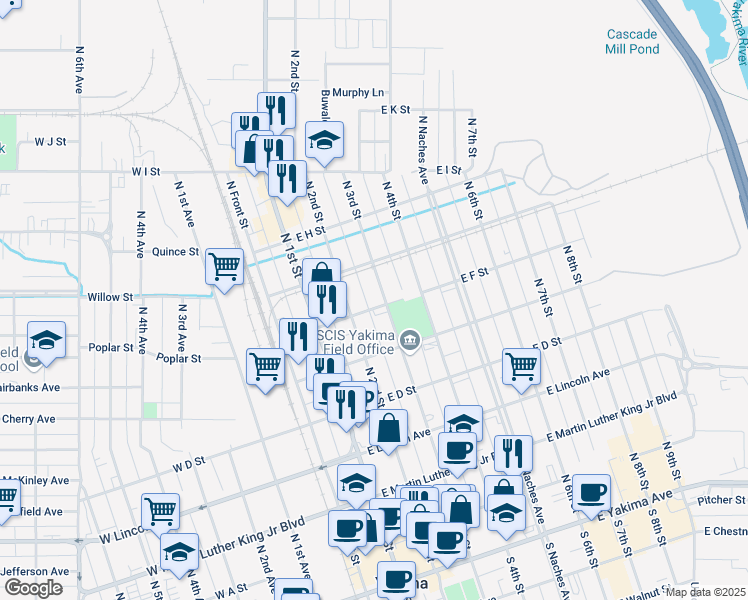 map of restaurants, bars, coffee shops, grocery stores, and more near 602 North 3rd Street in Yakima
