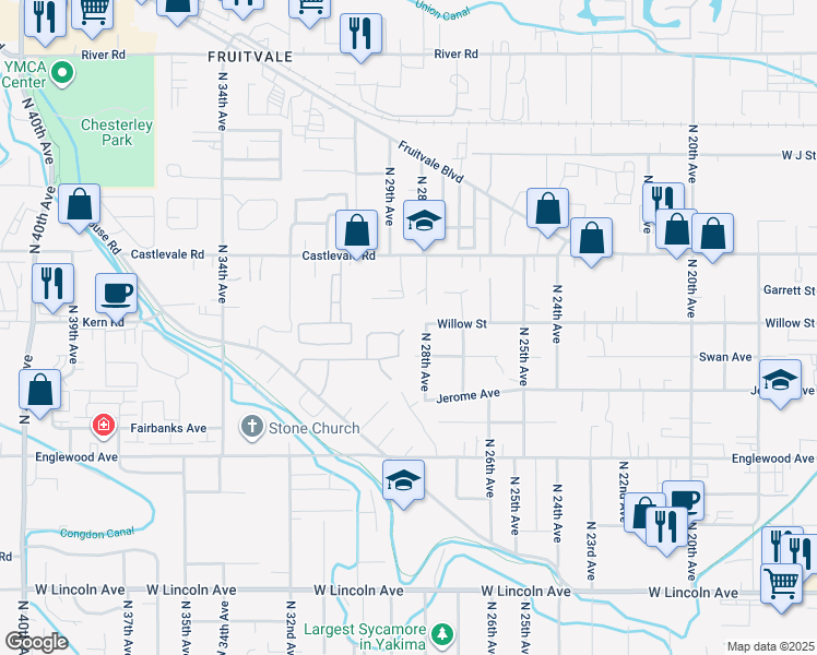 map of restaurants, bars, coffee shops, grocery stores, and more near 2810 Castlevale Road in Yakima