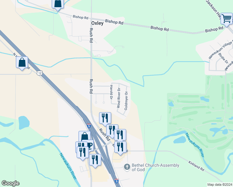 map of restaurants, bars, coffee shops, grocery stores, and more near 148 Wind River Drive in Chehalis