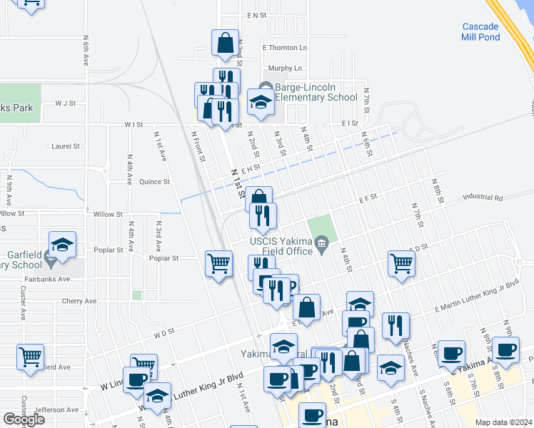 map of restaurants, bars, coffee shops, grocery stores, and more near 610 North 2nd Street in Yakima