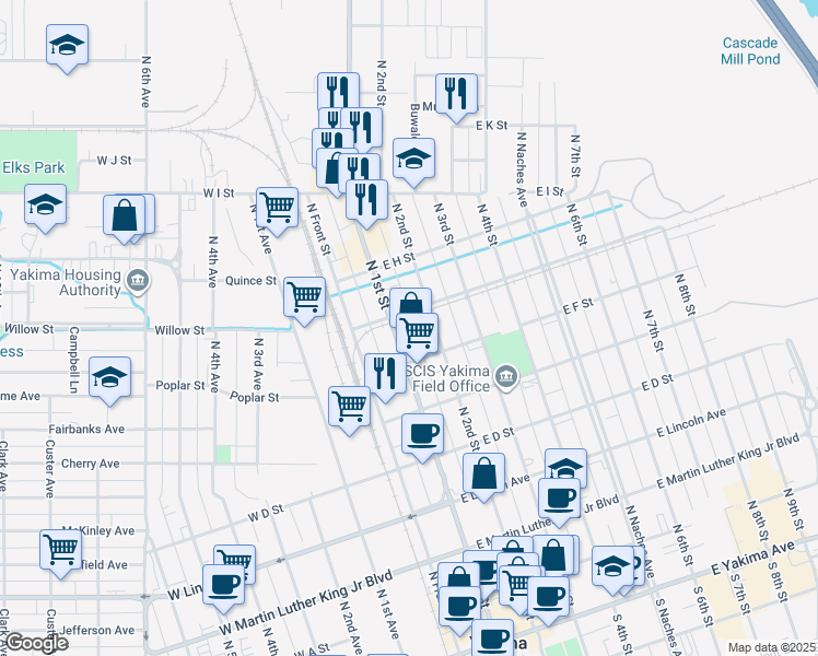 map of restaurants, bars, coffee shops, grocery stores, and more near 101 East G Street in Yakima