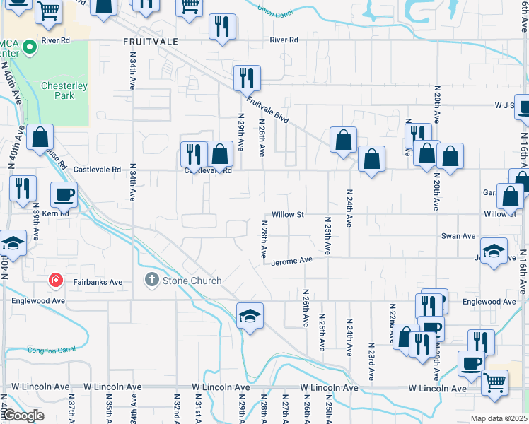 map of restaurants, bars, coffee shops, grocery stores, and more near 2711 Willow Street in Yakima