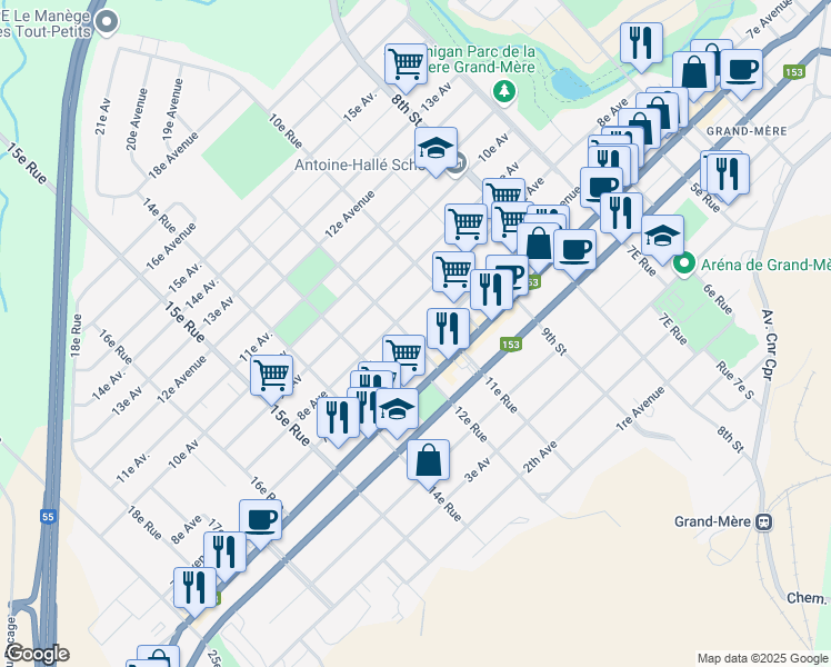map of restaurants, bars, coffee shops, grocery stores, and more near 720 12e Rue in Shawinigan