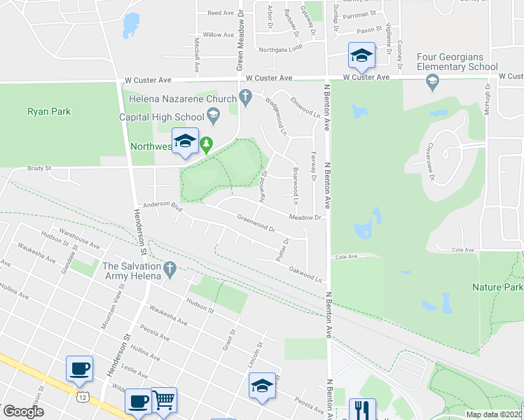 map of restaurants, bars, coffee shops, grocery stores, and more near 124 Meadow Drive in Helena