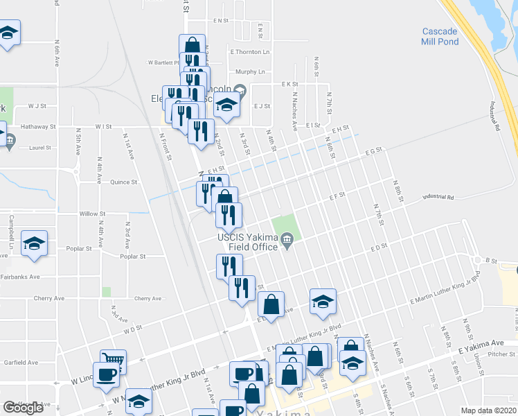 map of restaurants, bars, coffee shops, grocery stores, and more near 610 North 3rd Street in Yakima