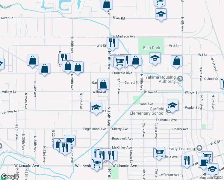map of restaurants, bars, coffee shops, grocery stores, and more near 802 North 15th Avenue in Yakima