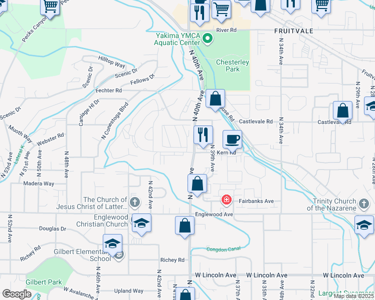 map of restaurants, bars, coffee shops, grocery stores, and more near 3909 Kern Road in Yakima