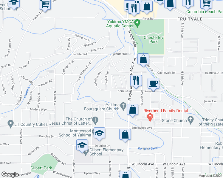 map of restaurants, bars, coffee shops, grocery stores, and more near 802 North 40th Avenue in Yakima