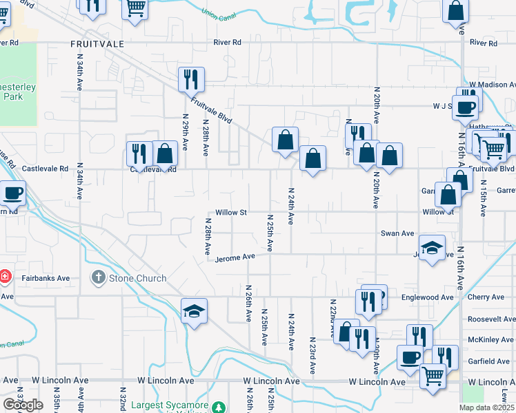 map of restaurants, bars, coffee shops, grocery stores, and more near 2507 Willow Street in Yakima