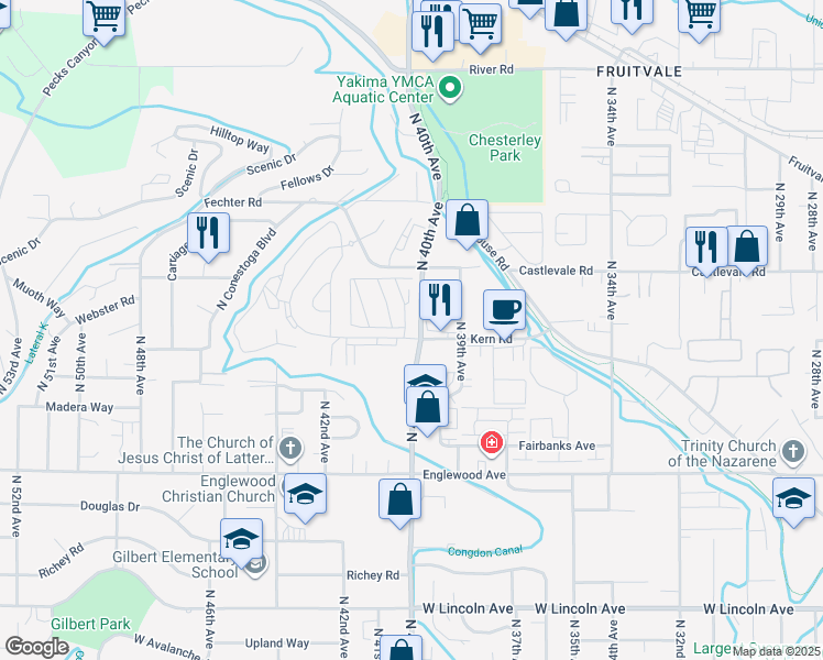 map of restaurants, bars, coffee shops, grocery stores, and more near 3909 Kern Road in Yakima