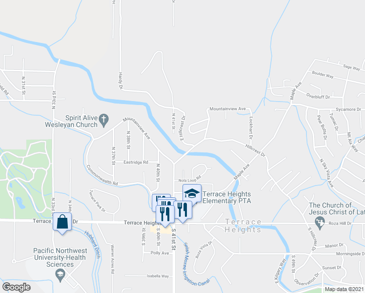 map of restaurants, bars, coffee shops, grocery stores, and more near 4208 East Hillcrest Drive in Yakima