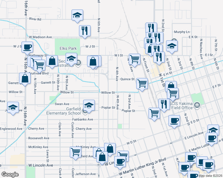 map of restaurants, bars, coffee shops, grocery stores, and more near 802 North 4th Avenue in Yakima