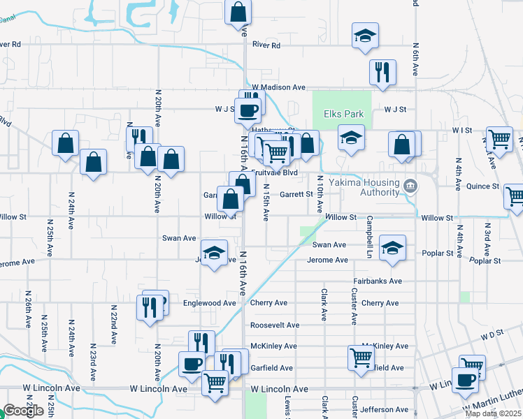 map of restaurants, bars, coffee shops, grocery stores, and more near 802 North 15th Avenue in Yakima