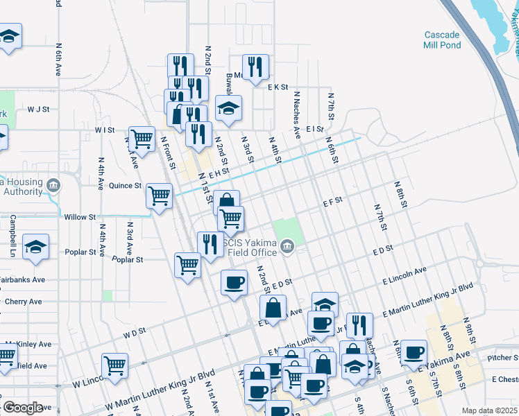 map of restaurants, bars, coffee shops, grocery stores, and more near 610 North 3rd Street in Yakima