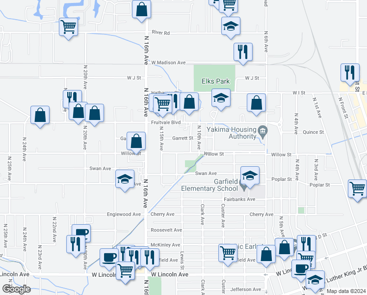 map of restaurants, bars, coffee shops, grocery stores, and more near 1403 Willow Street in Yakima