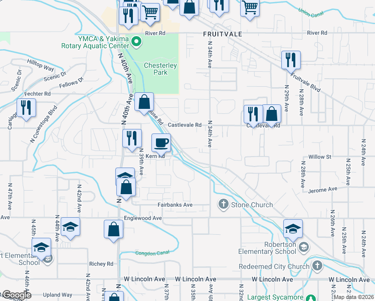 map of restaurants, bars, coffee shops, grocery stores, and more near 3400-3498 Powerhouse Road in Yakima